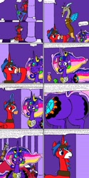 Size: 1600x3200 | Tagged: safe, artist:eternaljonathan, discord, oc, oc:prince hunk, oc:princess universe, alicorn, draconequus, pony, comic:super party fusion, alicorn oc, alicorn princess, angry, bruised, butt, canterlot, canterlot castle, comic, commissioner:bigonionbean, cutie mark, dat ass was fat, dialogue, female, floating, fusion, fusion:prince hunk, fusion:princess universe, huge butt, impossibly large butt, irritated, jewelry, jiggle, large butt, male, mare, napkin, pillar, plot, regalia, stallion, teasing, thicc ass, trotting, writer:bigonionbean