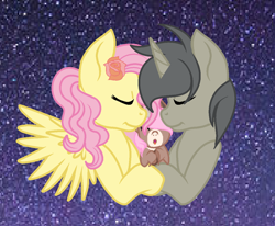 Size: 1024x842 | Tagged: safe, artist:rose-moonlightowo, discord, fluttershy, oc, oc:lunette sylvee, hybrid, pegasus, pony, baby, baby pony, base used, discoshy, female, filly, interspecies offspring, male, offspring, parent:discord, parent:fluttershy, parents:discoshy, pony discord, shipping, straight