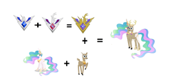 Size: 7232x3320 | Tagged: safe, artist:theunknowenone1, princess celestia, alicorn, deer, pony, alicorn amulet, fusion, we have become one