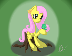 Size: 992x781 | Tagged: safe, artist:sergeantkitz, fluttershy, butterfly, pegasus, pony, flower, flower in hair, folded wings, hair ornament, hoof hold, looking at something, raised hoof, sitting, smiling, solo, tree stump