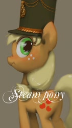 Size: 1080x1920 | Tagged: safe, artist:ciyunhe, applejack, earth pony, pony, alternate hairstyle, blushing, hat, looking at you, looking back, scrunchy face, solo, steam pony