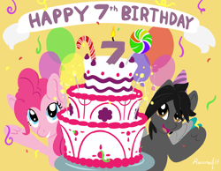 Size: 5169x4016 | Tagged: safe, artist:humble-ravenwolf, artist:ravenhoof, pinkie pie, oc, oc:ravenhoof, earth pony, pegasus, pony, absurd resolution, balloon, birthday cake, cake, food, happy birthday mlp:fim, mlp fim's seventh anniversary, sparkler (candle)