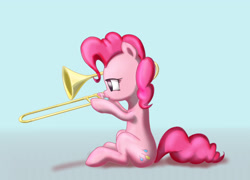 Size: 2511x1810 | Tagged: safe, artist:stratodraw, pinkie pie, pony, earth, female, mare, simple background, sitting, solo, trombone