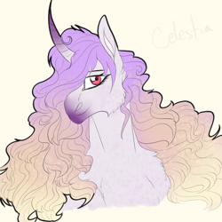 Size: 2350x2350 | Tagged: safe, artist:xxhuntersguardianxx, part of a set, princess celestia, alicorn, pony, bust, cheek fluff, chest fluff, coat markings, colored horn, curved horn, ethereal mane, female, hair over one eye, horn, lidded eyes, looking at you, mare, missing accessory, redesign, simple background, solo, white background