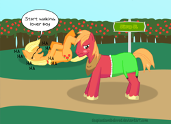 Size: 1000x726 | Tagged: safe, artist:despisedandbeloved, applejack, big macintosh, earth pony, pony, embarrassed, girdle, laughing, male, stallion