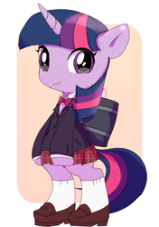 Size: 457x649 | Tagged: safe, artist:youhoujou, derpibooru import, twilight sparkle, twilight sparkle (alicorn), alicorn, pony, bipedal, clothes, cute, female, mare, school uniform, skirt, solo, twiabetes