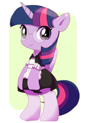 Size: 457x649 | Tagged: safe, artist:youhoujou, derpibooru import, twilight sparkle, twilight sparkle (alicorn), alicorn, pony, bipedal, clothes, cute, dress, female, glasses, looking at you, maid, mare, smiling, socks, solo, twiabetes