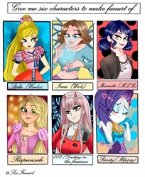 Size: 720x882 | Tagged: safe, artist:felinasharts, rarity, human, equestria girls, clothes, crossover, eyes closed, female, glowing hands, makeup, marinette dupain-cheng, miraculous ladybug, music festival outfit, rapunzel, six fanarts, smiling, stella (winx club), winx club