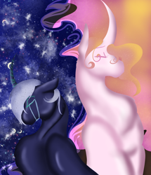 Size: 3616x4196 | Tagged: safe, artist:xxhuntersguardianxx, princess celestia, princess luna, alicorn, pony, bust, crying, curved horn, duo, ethereal mane, eyes closed, female, galaxy mane, hair over one eye, horn, mare, missing accessory, redesign, siblings, sisters, starry mane, stray strand