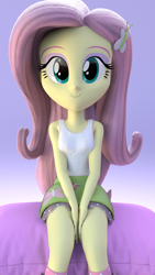 Size: 2160x3840 | Tagged: safe, artist:creatorofpony, artist:efk-san, artist:rajaie, part of a set, fluttershy, human, equestria girls, 3d, blender, clothes, commission, cute, legs, looking at you, moe, remake, shyabetes, sitting, skirt, smiling, socks, solo, tanktop, upskirt denied