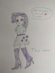 Size: 3024x4032 | Tagged: safe, rarity, equestria girls, boots, heart, high heel boots, hot, humanized, jewels, legs, raised leg, seductive, sexy, shoes, solo, traditional art