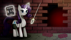 Size: 1920x1080 | Tagged: safe, artist:darbedarmoc, rarity, pony, unicorn, fallout equestria, black book, book, brick, brick wall, solo, sword, wasteland, weapon