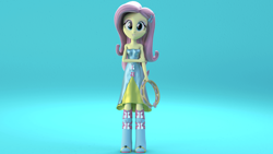 Size: 3840x2160 | Tagged: safe, artist:efk-san, part of a set, fluttershy, equestria girls, rainbow rocks, 3d, blender, clothes, commission, dress, female, looking at you, musical instrument, smiling, solo, tambourine