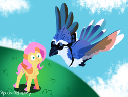 Size: 1106x840 | Tagged: safe, artist:spudsmcfrenzy, fluttershy, bird, blue jay, pegasus, pony, female, grass, mare, smiling