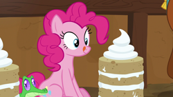 Size: 1280x720 | Tagged: safe, screencap, gummy, pinkie pie, pony, not asking for trouble, cake, food, licking, licking lips, tongue out, vanilla