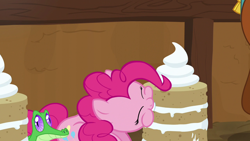 Size: 1280x720 | Tagged: safe, screencap, gummy, pinkie pie, pony, not asking for trouble, cake, food, nom, vanilla