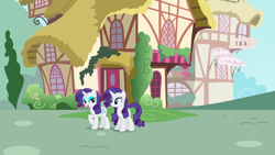 Size: 3840x2160 | Tagged: safe, artist:estories, artist:luckreza8, rarity, pony, unicorn, clone, duality, duo, female, house, looking at each other, mare, ponyville, raised hoof, self ponidox, vector