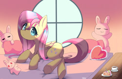 Size: 1989x1287 | Tagged: safe, artist:kawaiipony2, fluttershy, pegasus, pony, bed, cake, cup, cute, female, food, looking at you, mare, plushie, shyabetes, solo, teacup