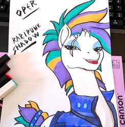 Size: 1080x1103 | Tagged: safe, artist:operfield, rarity, tempest shadow, pony, unicorn, alternate hairstyle, broken horn, clothes, eye scar, female, fusion, horn, irl, jacket, keyboard, mare, photo, punk, raripunk, scar, signature, solo, tail wrap, traditional art