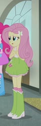 Size: 204x616 | Tagged: safe, screencap, fluttershy, pinkie pie, a case for the bass, equestria girls, rainbow rocks, boots, clothes, cropped, female, hairpin, offscreen character, shoes, skirt