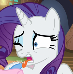 Size: 712x720 | Tagged: safe, edit, screencap, rarity, pony, unicorn, cropped, discovery family logo, licking the fourth wall, mirrored, solo, tongue out