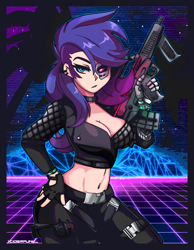 Size: 2328x3000 | Tagged: safe, artist:ciderpunk, rarity, human, 80s, amputee, blood dragon, clothes, cyberpunk, far cry 3, far cry blood dragon, fingerless gloves, gloves, gun, high res, humanized, poster, prosthetic eye, prosthetic limb, prosthetics, retrowave, synthwave, weapon