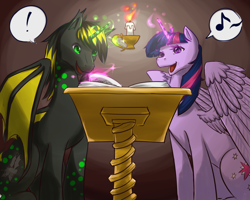 Size: 1280x1024 | Tagged: safe, artist:myukari, derpibooru import, twilight sparkle, twilight sparkle (alicorn), oc, oc:astrowolf, alicorn, bat pony, pony, alicorn oc, book, candle, canon x oc, donut steel, reading, shipping