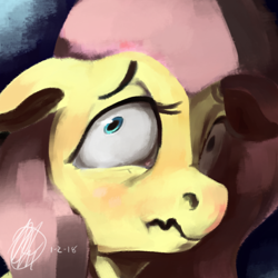 Size: 1000x1000 | Tagged: safe, artist:toisanemoif, fluttershy, pegasus, pony, bust, face, floppy ears, looking sideways, portrait, scared, scrunchy face, solo, wide eyes