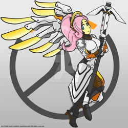 Size: 1024x1024 | Tagged: safe, artist:yoshimarsart, fluttershy, equestria girls, crossover, mercy, mercyshy, overwatch, solo, watermark