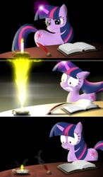 Size: 700x1200 | Tagged: safe, artist:gonein10seconds, derpibooru import, twilight sparkle, unicorn twilight, unicorn, book, candle, comic, magic, simple background, solo