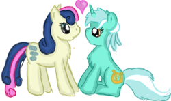 Size: 564x333 | Tagged: dead source, safe, artist:yokoraven, bon bon, lyra heartstrings, sweetie drops, earth pony, pony, unicorn, colored, female, heart, lesbian, looking at you, love, lyrabon, shipping, simple background, white background