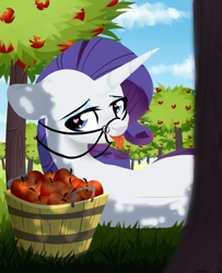 Size: 1300x1600 | Tagged: safe, artist:shiny, rarity, pony, unicorn, apple, apple orchard, apple tree, bridle, female, food, heart eyes, laying on ground, looking at you, mare, orchard, reins, solo, tack, tongue out, tree, wingding eyes