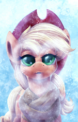 Size: 900x1398 | Tagged: safe, artist:tsitra360, applejack, earth pony, pony, blowing, breath, clothes, cold, cowboy hat, female, freckles, hat, heart, looking at you, mare, open mouth, scarf, signature, snow, snowfall, solo, stetson