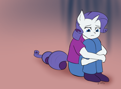 Size: 1000x733 | Tagged: safe, artist:empyu, rarity, anthro, plantigrade anthro, unicorn, 30 minute art challenge, clothes, female, pants, sad, shirt, signature, sitting, solo, younger