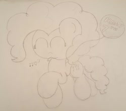 Size: 1508x1330 | Tagged: safe, artist:bronybehindthedoor, pinkie pie, earth pony, pony, balloon, happy birthday mlp:fim, mlp fim's seventh anniversary, monochrome, solo, traditional art