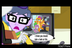 Size: 640x426 | Tagged: safe, edit, edited screencap, editor:teren rogriss, screencap, microchips, rarity, smolder, spike, dragon, better together, equestria girls, forgotten friendship, molt down, glasses