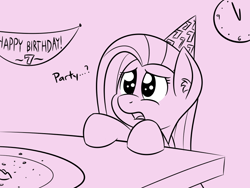 Size: 800x600 | Tagged: safe, artist:glimglam, pinkie pie, earth pony, pony, cute, cuteamena, diapinkes, happy birthday mlp:fim, lineart, mlp fim's seventh anniversary, monochrome, open mouth, pink background, pinkamena diane pie, sad, simple background, solo