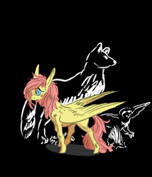 Size: 3000x3500 | Tagged: safe, artist:fiftyratsinatrenchcoat, fluttershy, hedgehog, owl, pegasus, pony, wolf, animal, messy mane, standing, wings