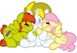 Size: 3359x2317 | Tagged: safe, artist:befishproductions, fluttershy, oc, oc:white heart, oc:young weird, pegasus, pony, unicorn, blushing, canon x oc, chibi, cute, female, hug, hug sandwich, male, oc x oc, polyamory, shipping, simple background, straight, transparent background, whiteshy, youngheart