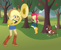 Size: 3768x3088 | Tagged: safe, artist:discorded-joker, artist:haleyc4629, apple bloom, applejack, winona, equestria girls, apple, apple tree, boots, cowboy boots, dancing, food, happy, music, musical instrument, playing instrument, shoes, sousaphone, tree, tuba, tubajack