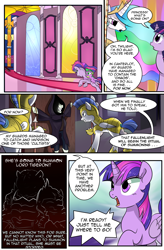 Size: 1800x2740 | Tagged: safe, artist:candyclumsy, princess celestia, spike, twilight sparkle, twilight sparkle (alicorn), alicorn, dragon, pegasus, pony, comic:curse and madness, armor, canterlot, cloak, clothes, cloths, comic, day, guard, mlpcam, royal guard armor, stained glass, text, text bubbles