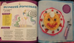 Size: 1861x1074 | Tagged: safe, princess celestia, alicorn, book, defictionalization, food, irl, my little pony baking book, official, pancakes, photo, recipe, text