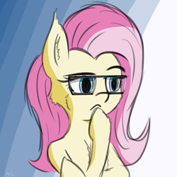 Size: 4000x4000 | Tagged: safe, artist:maneingreen, fluttershy, pegasus, pony, bust, glasses, hoof on chin, looking at something, portrait, raised eyebrow, serious, serious face, solo, working