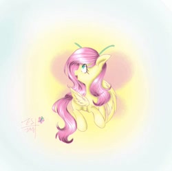 Size: 686x682 | Tagged: safe, artist:shangbanzu, fluttershy, pegasus, pony, head turn, looking away, looking up, open mouth, smiling, solo, wings