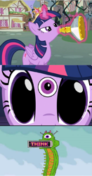 Size: 705x1347 | Tagged: safe, derpibooru import, edit, edited screencap, screencap, twilight sparkle, twilight sparkle (alicorn), alicorn, pony, female, flashback potion, mare, meta, not salmon, solo, stoned ape theory, thinking, third eye, triptank, wat