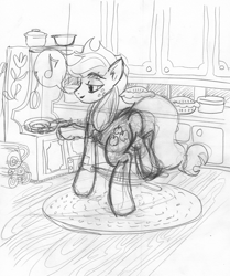 Size: 2056x2464 | Tagged: safe, artist:ciaran, derpibooru exclusive, applejack, earth pony, pony, bellows, caption, food, kitchen, monochrome, pie, sketch, solo, stove, traditional art