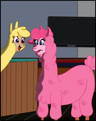 Size: 2970x3727 | Tagged: safe, artist:physicrodrigo, part of a series, part of a set, paprika paca, pinkie pie, alpaca, them's fightin' herds, bar, community related, crossover, duo, excited, happy, llamafied, open mouth, pony (sony), pun, smiling, sony, species swap, story included, television, transformation, transformation sequence, transformed