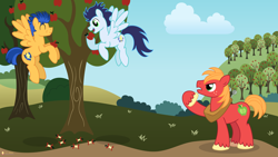 Size: 3840x2160 | Tagged: safe, artist:flashlighthouse, big macintosh, flash sentry, soarin', earth pony, pony, apple, behaving like a bird, eating, flying, male, stallion