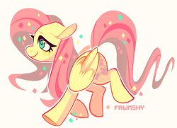 Size: 842x608 | Tagged: safe, artist:fawnshy, fluttershy, pegasus, pony, floppy ears, looking away, simple background, smiling, solo, walking, wings