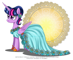 Size: 1210x1008 | Tagged: safe, artist:tiffanymarsou, derpibooru import, twilight sparkle, twilight sparkle (alicorn), alicorn, pony, alternate hairstyle, clothes, dress, female, flower in hair, gala dress, mare, smiling, solo